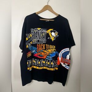 Vintage 90s Salem Pittsburgh Penguins NHL Stanley Cup Champions AOP T Shirt XL